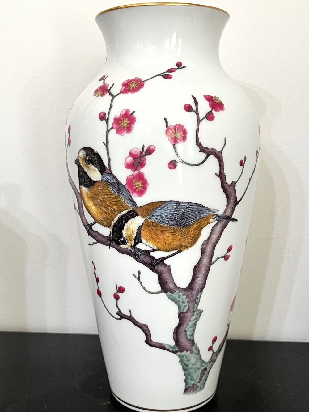 Franklin Porcelain 1981 Hand-Painted Bird Vase - White with Pink Blossoms